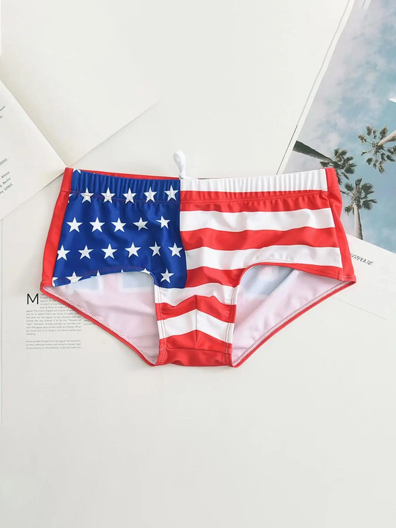 Men's Flag Print Drop Waist Swim Brief, Casual Comfy Breathable Swim Brief for Beach Swimming, Men's Swimwear for All Seasons