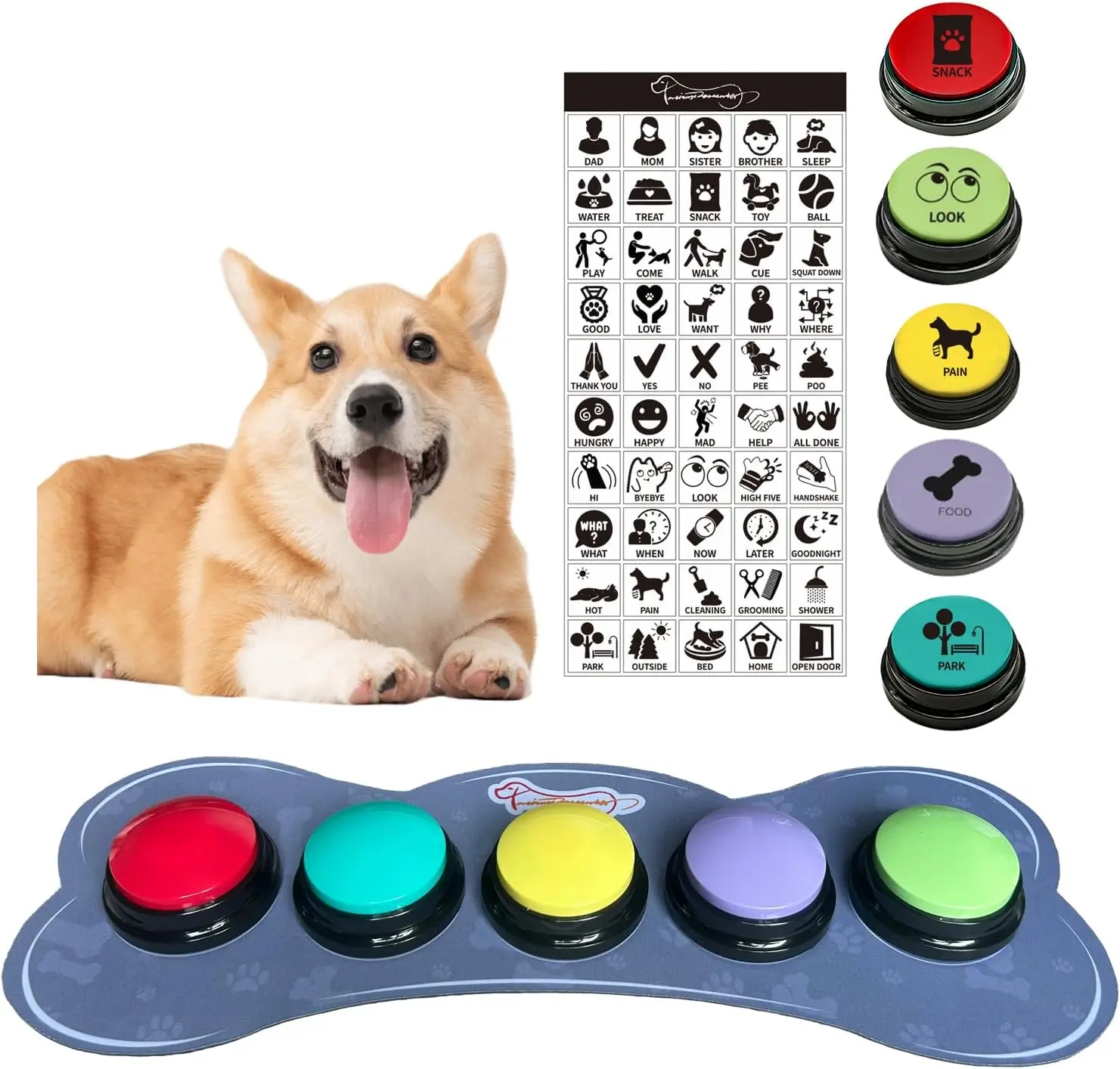 Set of 5 Color  Buttons with Rubber Mat for Communication,Voice Recording Button,Pet Talking Buttons,Pet Buttons,  & Behavior , Your  to Voice What They Want