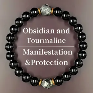 1Pcs Obsidian & Black Tourmaline Bracelet for Women & Men - 8mm Manifestation & Protection Healing Crystal Bracelets, Handmade Spiritual Gemstones for Mother’s, Father’s Day, Christmas & Anniversary
