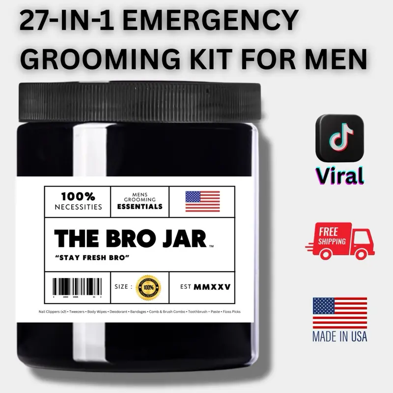 The Bro Jar 27-in-1 Men's Grooming Kit | Emergency Travel Essentials Gift for Him - Compact, Organized, and Built for Freshness Anywhere Stainless