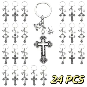 24pcs Cross Key Chains - Jesus Christ Religious Keyrings with Holy Bible Pendants, Durable Zinc Alloy, Casual Style, Perfect for Easter Prayer Gifts