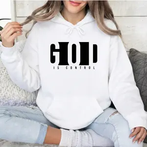 Unisex Christian Streetwear God Is Control Graphic Print Comfort Hoodie Oversized Essential Hoodie Heavyweight Cotton Fleece Sweatshirts For Women Men Pullover Faith Based Religious Casual Top Beige