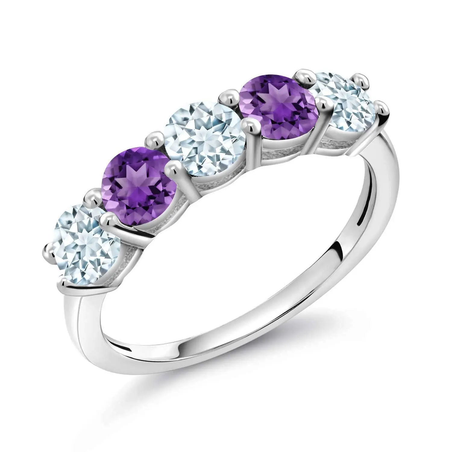 Gem Stone King 925 Sterling Silver Elegant Bridal Statement Wedding Ring for Women, Versatile Sky Blue Aquamarine & Purple Amethyst Band (0.96 Cttw, 3.5MM Round Meaningful Birthstones), Bridal Statement Ring, Elegant Ring