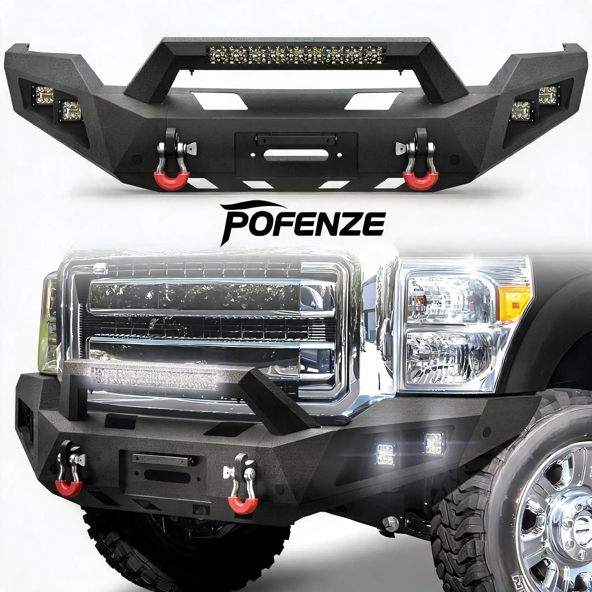 POFENZE-NADIA F250 Front Bumper Full Width Fit 2011-2016 Ford F250/F350/F450 | Steel Bumper w/Winch Plate, LED Lights, D-rings and License Plate Bracket
