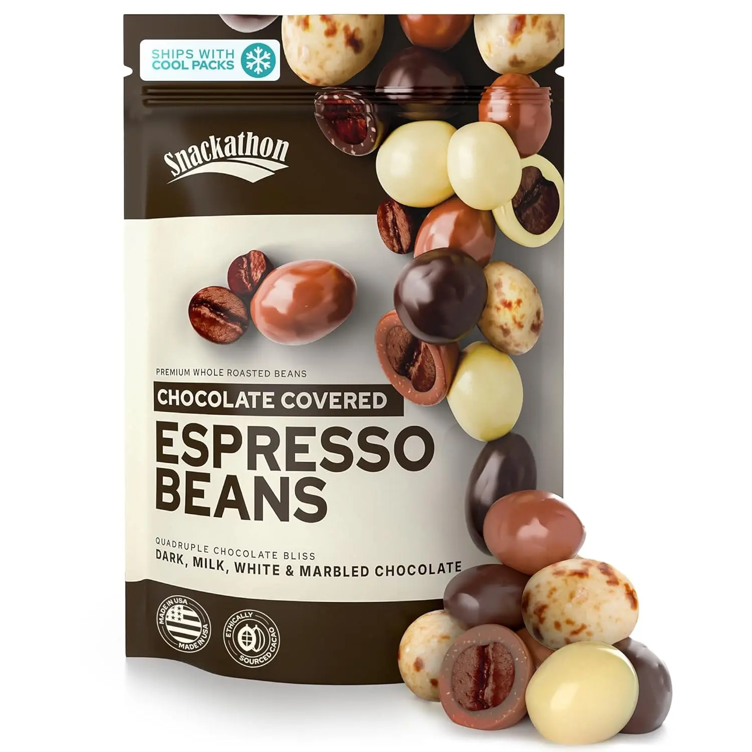 Snackathon Chocolate Covered Espresso Beans, 4 Chocolate Blend (Dark, Milk, White, Marbled), Bulk 1 Pound Bag, Gourmet Candy Snack for Coffee Lovers