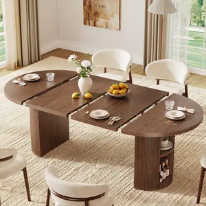 【CategorySelect】ONBRILL 41-78 Inch Gorgeous Extendable Dining Table for 4-8, Fluted Expandable Kitchen Table with Storage, 2 Leaf, Mid Century Modern Oval Dinner Tables, Dining Room Furniture, Kitchen Furniture, Living Room Furniture