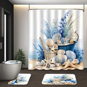 LVRLVR 4Pcs Coastal Beach Seashell & Starfish Print Nautical Blue & Beige Multi-Color Shower Curtain Set 70.8×70.8 Inch