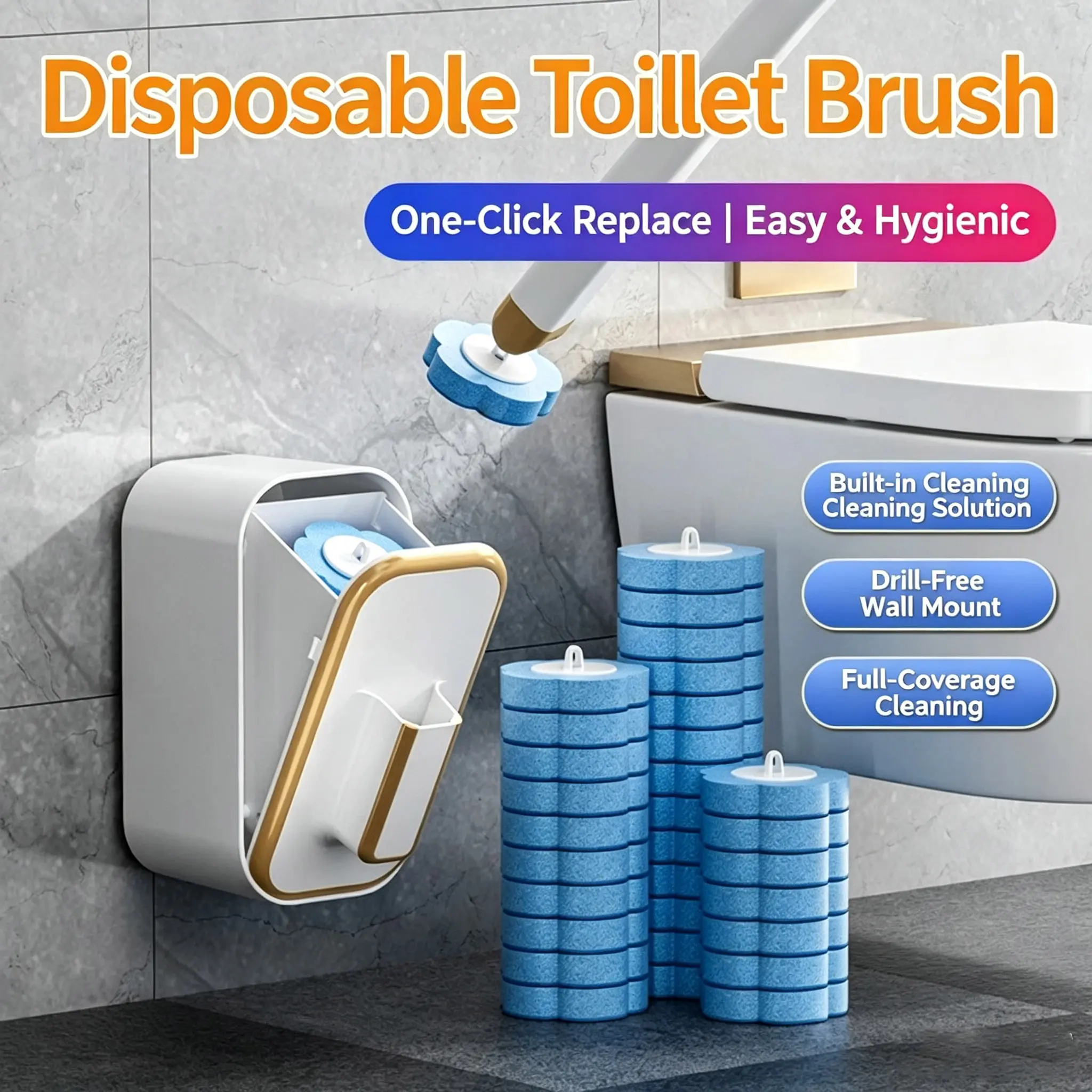 Disposable wall-mounted toilet brush cleaning set with bracket, including 24-30 disposable replacement brush heads, bathroom household cleaning tool toilet brush set household toilet cleaning artifact wall-mounted toilet replacement brush dead angle