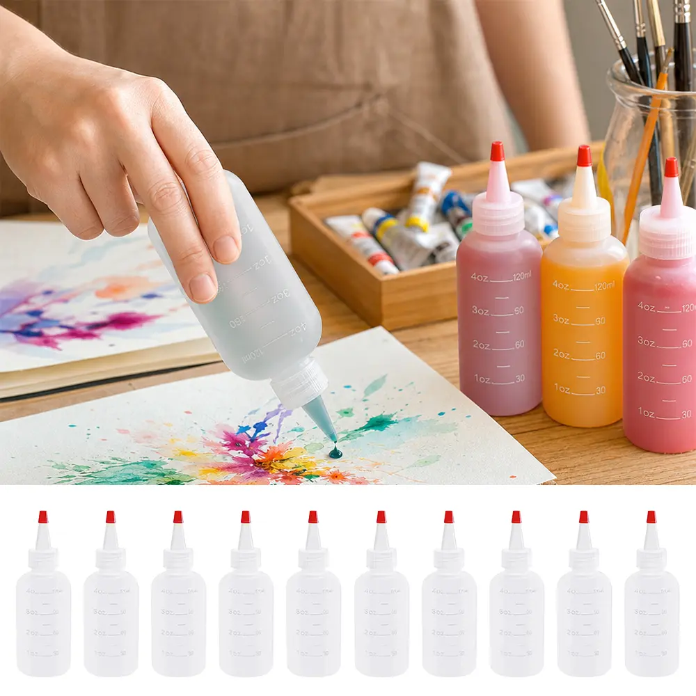 10pcs 4oz/120ml Plastic Squeeze Bottles with Red Cone Tip Caps, Graduated Empty Dispensing Bottles for Paint, Glue, Condiment, Ink & DIY Craft Dispensing Storage, Red Nozzle Graduated Plastic Squeeze Dispensing Bottles