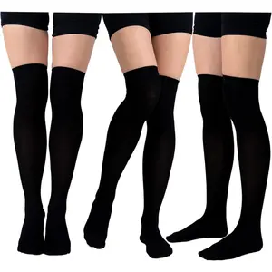 [Premium Thigh High Socks] 3pcs Soft & Stretchy Polyester Blend Thigh High Socks - Over-the-Knee Long Stockings for Women in Classic Colors, Breathable & Durable scrunch striped