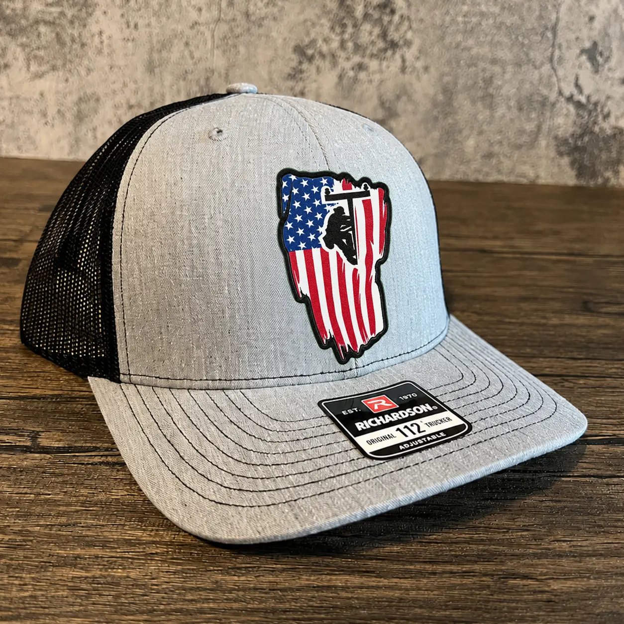 American Flag Lineman Richardson 112 Trucker Hat, Patriotic Utility Worker Embroidered Cap, Electrician Powerline Mesh Back Snapback Hat