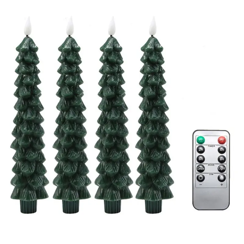 Christmas Tree Shaped Flameless Candlesticks Battery Operated with Remote and Timer, Set of 4 Real Wax LED Taper Candles with 3D Flickering Wick for Christmas Decoration Gift