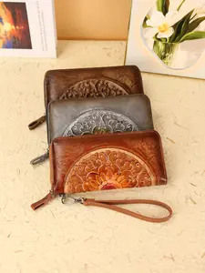 Retro Long Women's Wallet with Embossed Patterns, Multi-Card Holder Document Organizer, Commute Cash & Card Clutch Bag, Vertical Folding Wallet, Money Organizer, Flower Pattern Wallet, Vintage Style Wallet