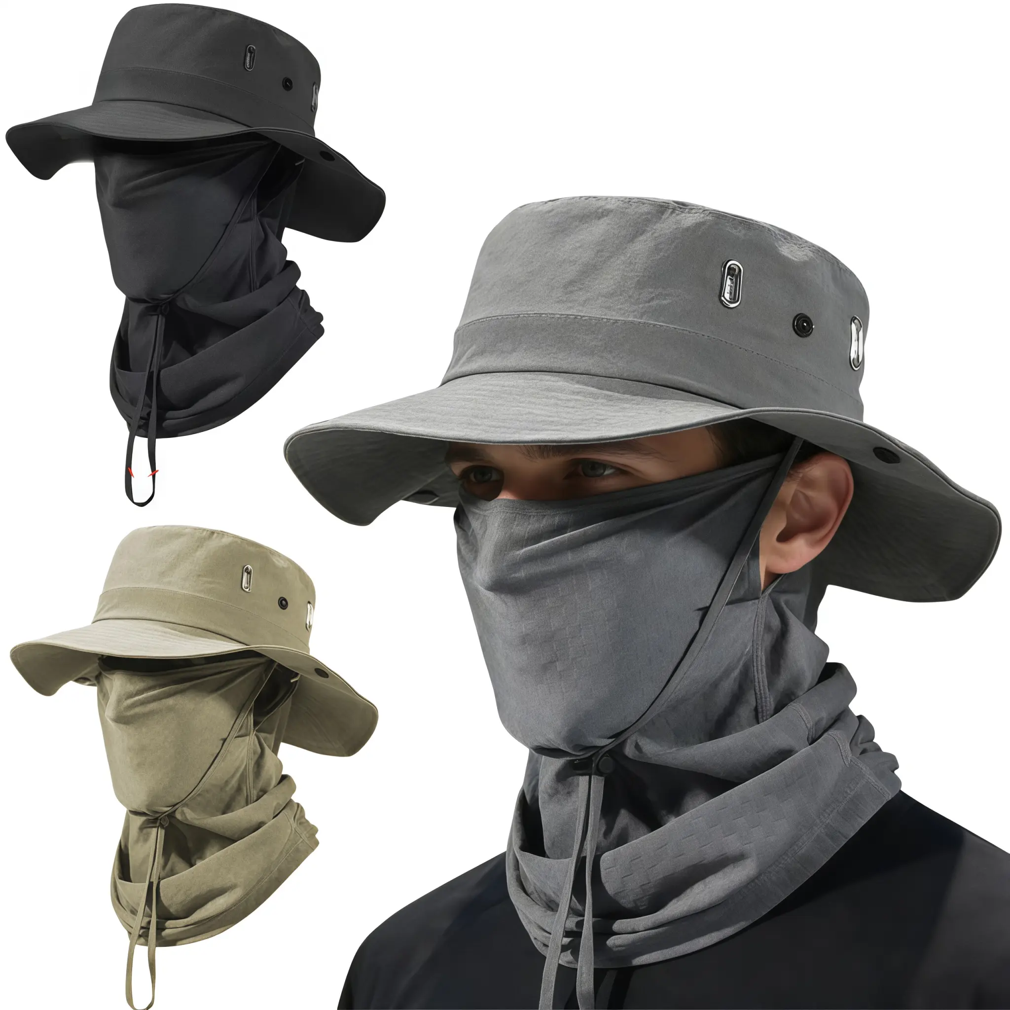 UPF50+ Cooling Ice Silk Outdoor Hat with Neck Gaiter & Face Mask, Adjustable Strap, Breathable & Water-Resistant Drip Dry Fabric, Lightweight Foldable, for Hiking & Fishing
