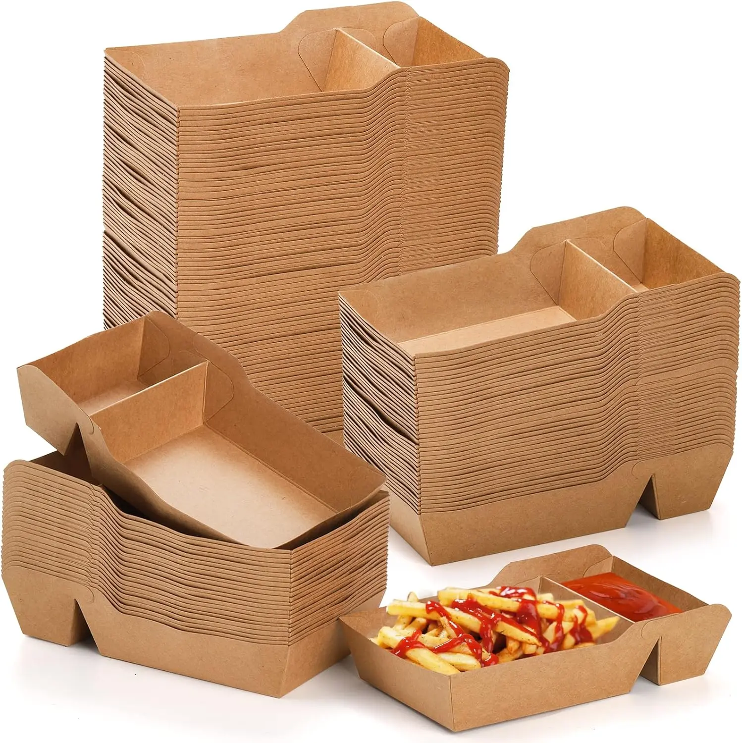 100 Packs 520ML Food Serving Tray, 2 Compartment Disposable Kraft Boat Tray, Grease Resistant Heavy Duty Paperboard, Take Out Fast Food Snack Holder Container for Party