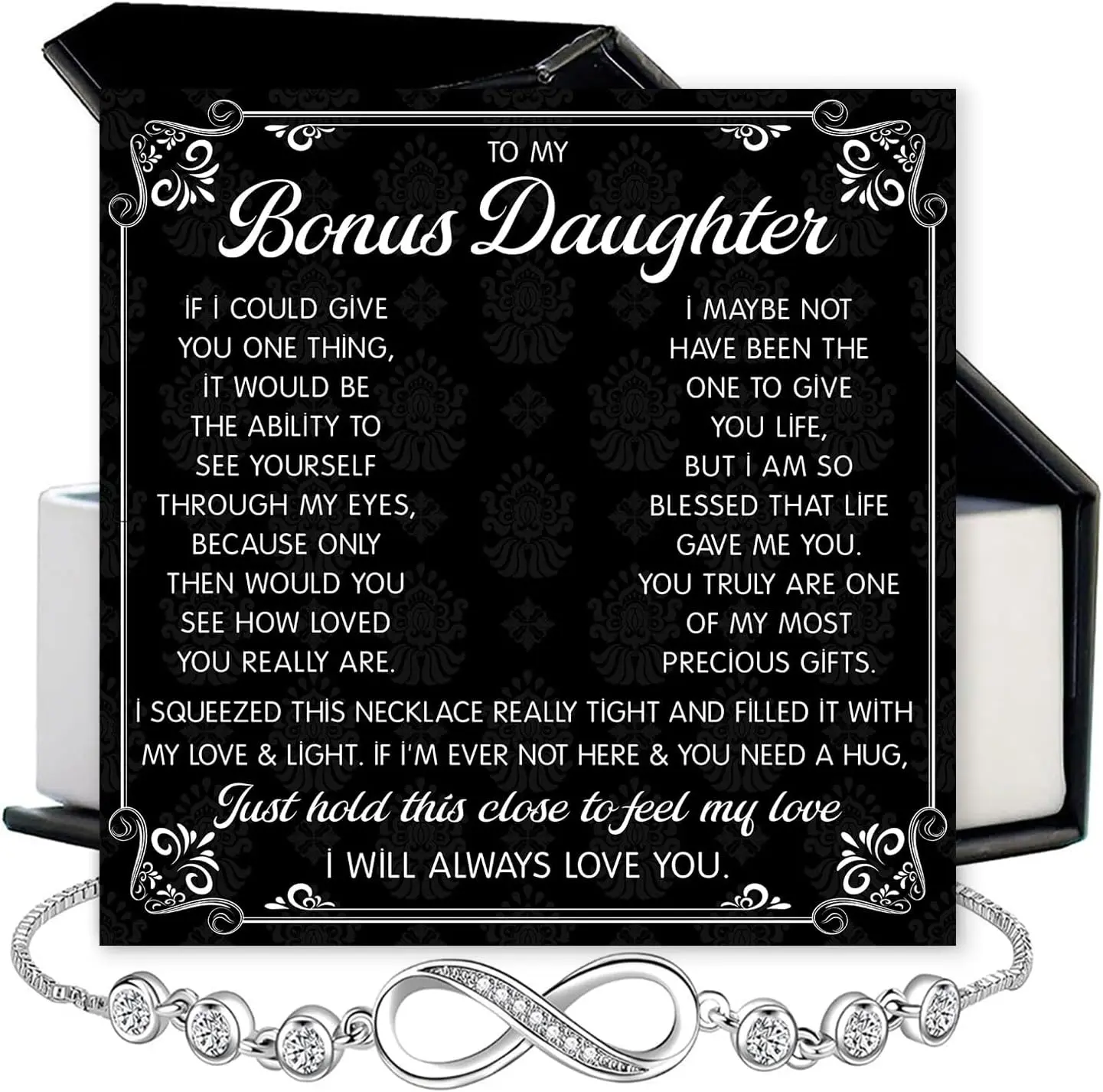Bonus Daughter Bracelet Gift – Elegant Infinity Jewelry with Sentimental Message Card, Thoughtful Keepsake from Stepmom or Dad, Perfect Stepdaughter Present for Birthday, Christmas, Graduation, or Wedding Celebration