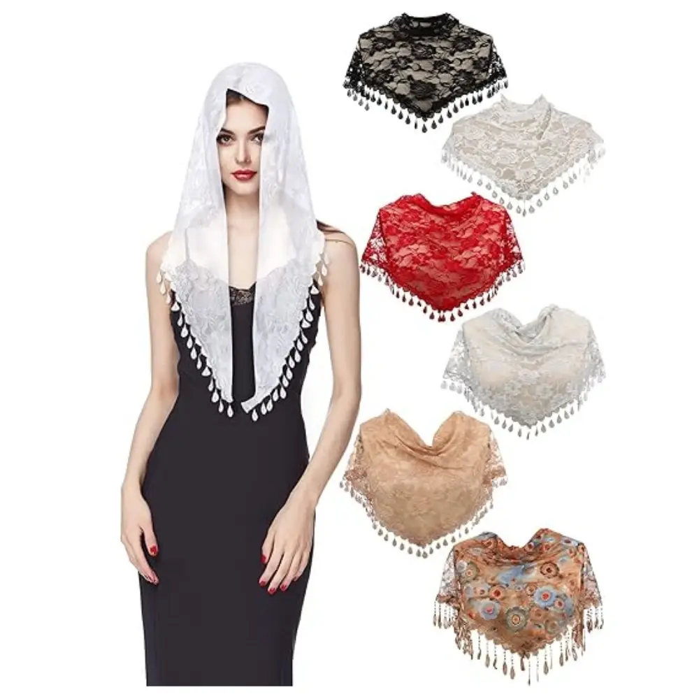 Women's 6-Pack Catholic Lace Veil Set - Triangle Shawl Wedding Headwear, Floral Lace Mass Head Covering (58.27x18.9")
