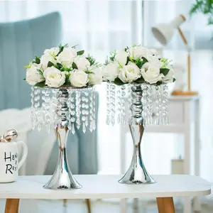 Silver Color Flower Vase Centerpiece, 13.8 Inch Crystal Floral Stand, Wedding Table Decor, Wedding Centerpieces, High Metal Vase Holder for Events, Home Decoration, Home Decor Ornament