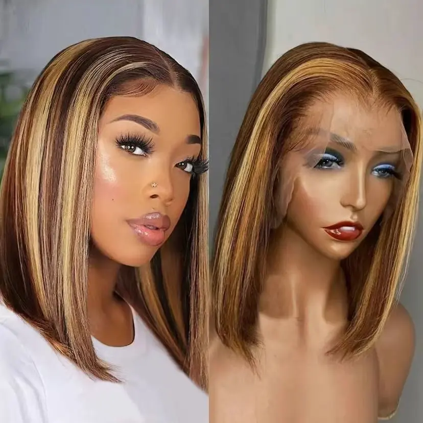 Shewell Women's 13*4 Frontal HD Lace 4/27 2-Tone Bob Human Hair Wig, 14in 180% Density, Glueless, Pre-Bleached Knots, Wear and Go, Adjustable Headband, Can Be Bleached/Dyed/Reshaped, Easy On-Off, 4/27 13*4 Bob Wig