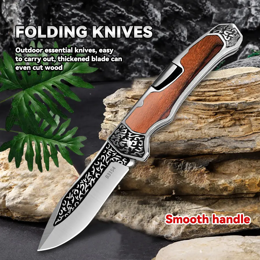 Foldable Stainless Steel Kitchen Knife - Kitchenware with 3D Carved Wooden Handle, Back Clip, Safe Compact Design for Home, Camping Use, Stainless Steel Knives