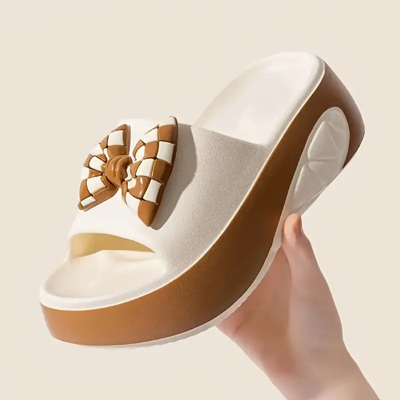 Women's Chunky Platform Slippers with Checkerboard Bow, Open-Toe Breathable EVA Upper with Cushioned Footbed for Indoor Outdoor Daily Wear, Slipper, Footwear, Chunky Heel, Ankle
