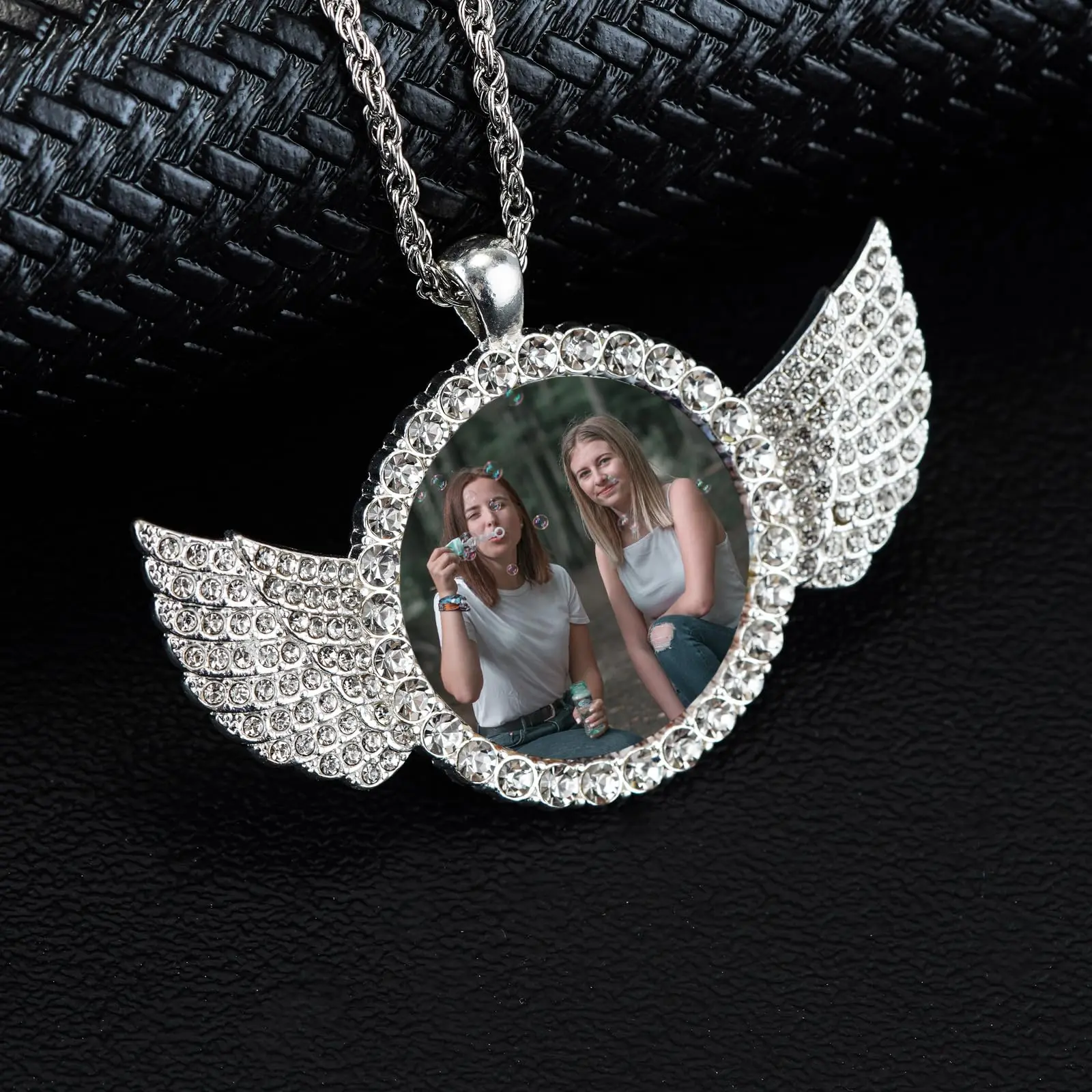 Custom Photo Angel Wings Pendant Necklace, Stylish Hip Hop Personalized Costume Jewelry for Men-Women, Cubic Zirconia with 20-Inch Stainless Steel Chain & Link, Fashion Accessories, Stylish Accessories