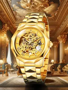 Men's Business Fashion Round Dial Stainless Steel Strap Analog Mechanical Watch, Skeleton Wrist Watch for Party, Daily Clothing Decor, for Birthday Gift with Box, Skeleton Watches