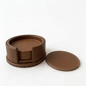 6-Piece Retro Sturdy Round PU Leather Kitchen Coasters Set with Wooden Storage Rack, Waterproof Heat-Insulating Tableware for Home Table Top, Coffee Tables, Tea Use, Housewarming Gifts