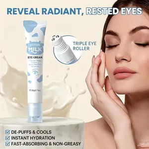 Milk Eye Cream with Triple Roller for Dark Circles and Puffiness Quick Absorbing Hydrating Under Eye Moisturizer Brightening Massage Tool for Tired Skin