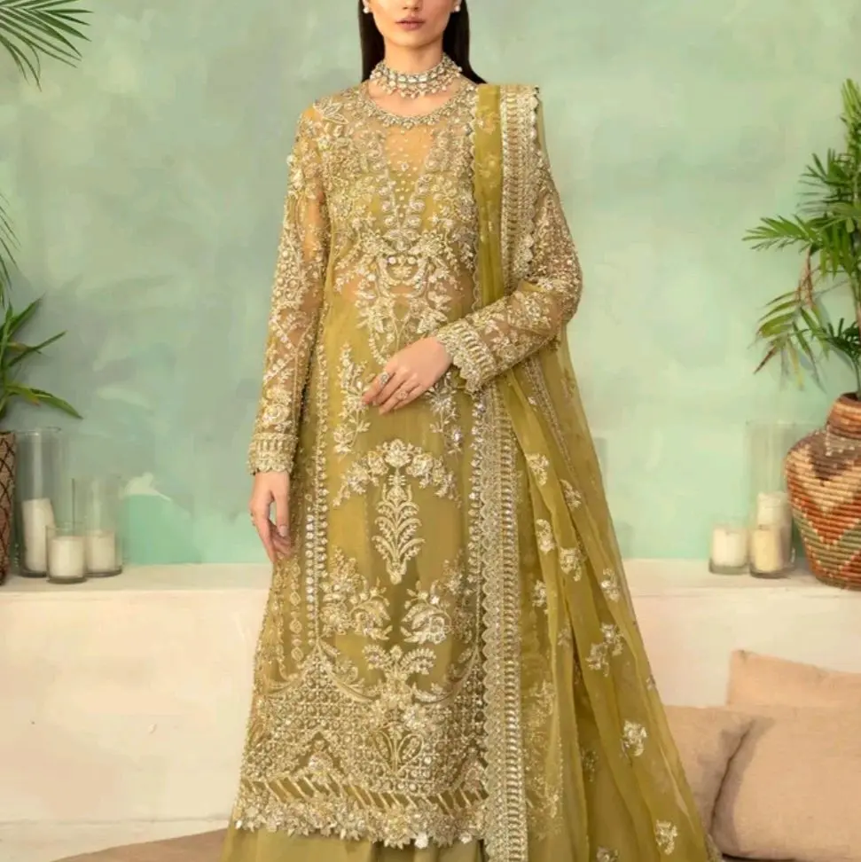 Akbar Aslam Wedding Mahndi Outfit with Hand Embroidered Work Palazo 3pc Suit in Elegant Green