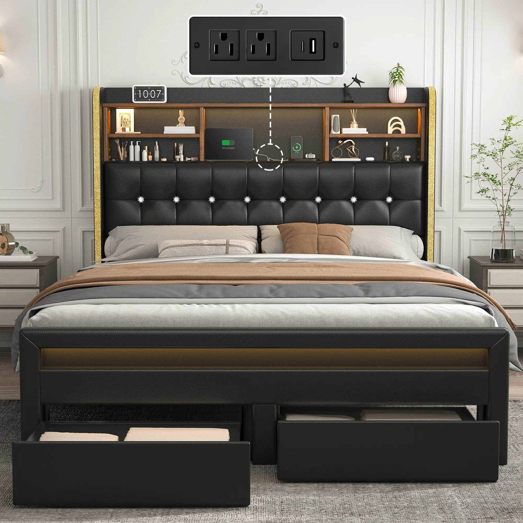 [SummerSale] King Size LED Bed Frame with Bookcase Storage Headboard & Charging Station, 52" Ultra-High Crystal Tufted Wingback Bed with 2 Drawers, Linen Upholstered Platform Bed, No Box Spring Needed, Full/Queen/King Bedroom Furniture