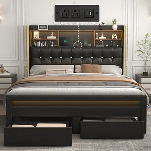 California King Bed Frame with Bookcase Storage Headboard and 2 Drawers, 52" Ultra-High LED Bedframe with Charging Station, Linen Upholstered Crystal Button Tufted Wingback Beds with Footboard,Black/White/Cream/Gray