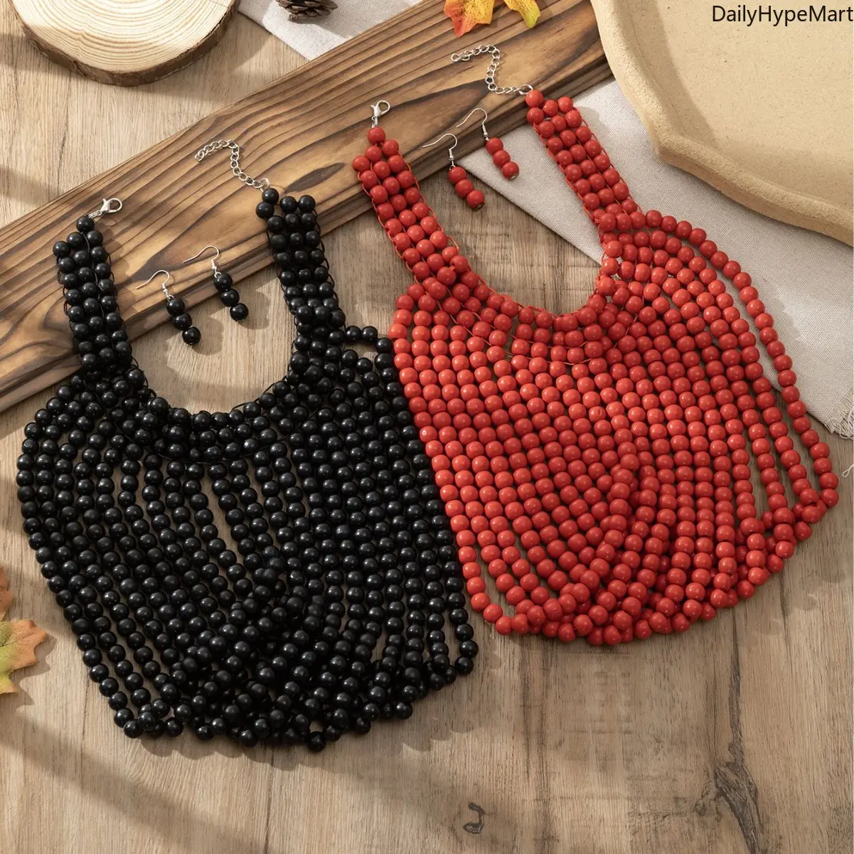 Women's Funky Ethnic Boho Handmade Craft African Wood Bead Choker Necklace - Colorful Tassel, Casual Commute Fashion Accessory, Ideal Anniversary Gift, Plain, Unisex Wear, Daily