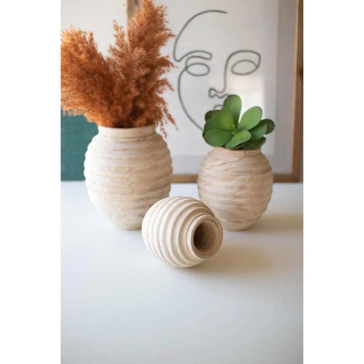 Set Of Three Natural Wooden Gourd Pots