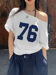 Women's Number Print Asymmetrical Neck Fitted Tee Top, Casual Aesthetic Streetwear Figure Printed T-shirt for Daily Wear, Ladies Clothes for Summer