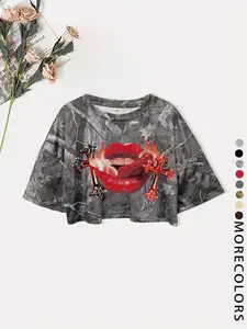 Women's Cross & Lip Print Round Neck Crop Tee, Casual Short Sleeve Crew Neck T-shirt for Summer, Fashion Women's Top for Daily Wear, Streetwear, Cross Graphic Tee, Casual Fashionable Top