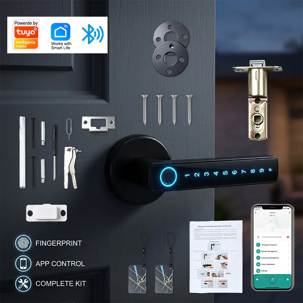 Smart Fingerprint Door Lock with Handle, Keyless Entry Digital Door Lock with Touch Keypad, Tuya/Smart Life App Control, Biometric Smart Lock with Keys & IC Cards, No Drill Installation for Home, Office, Apartment