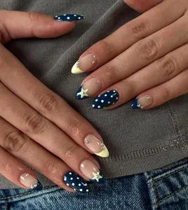 Blue Polka Dot Press On Nails, Star Accent Almond Nails, Cute Navy and Yellow French Tip Nails, Handmade Nail Set
