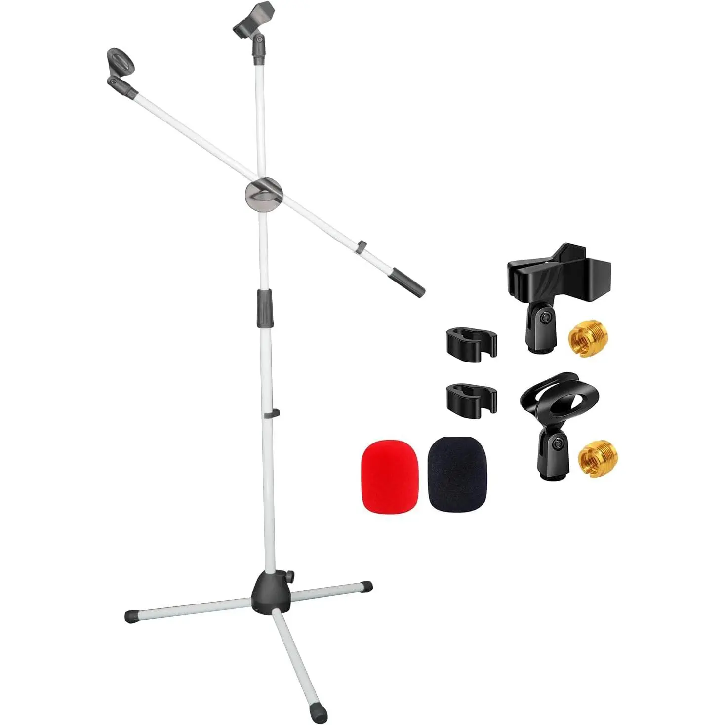 5 Core Microphone Stand Floor Universal Adjustable Tripod and Boom Mic Heavy Duty Extendable Dual Mic Holder for Stage Studio w Mic Clip & Screw Adapter White