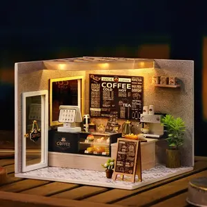 Coffee Shop DIY Wooden Miniature House Kit, 1 Box DIY Miniature Dollhouse Kit, 3D Puzzle, Home Decor, Birthday Gift for Teenagers and Adults