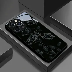 Tempered Glass Smartphone Case - Black Rose Illustration New Pattern, Cellphone Protector Cover, Mobile Phone Accessories for iPhone 17,16,15,14,13,12,11 Plus Pro Max