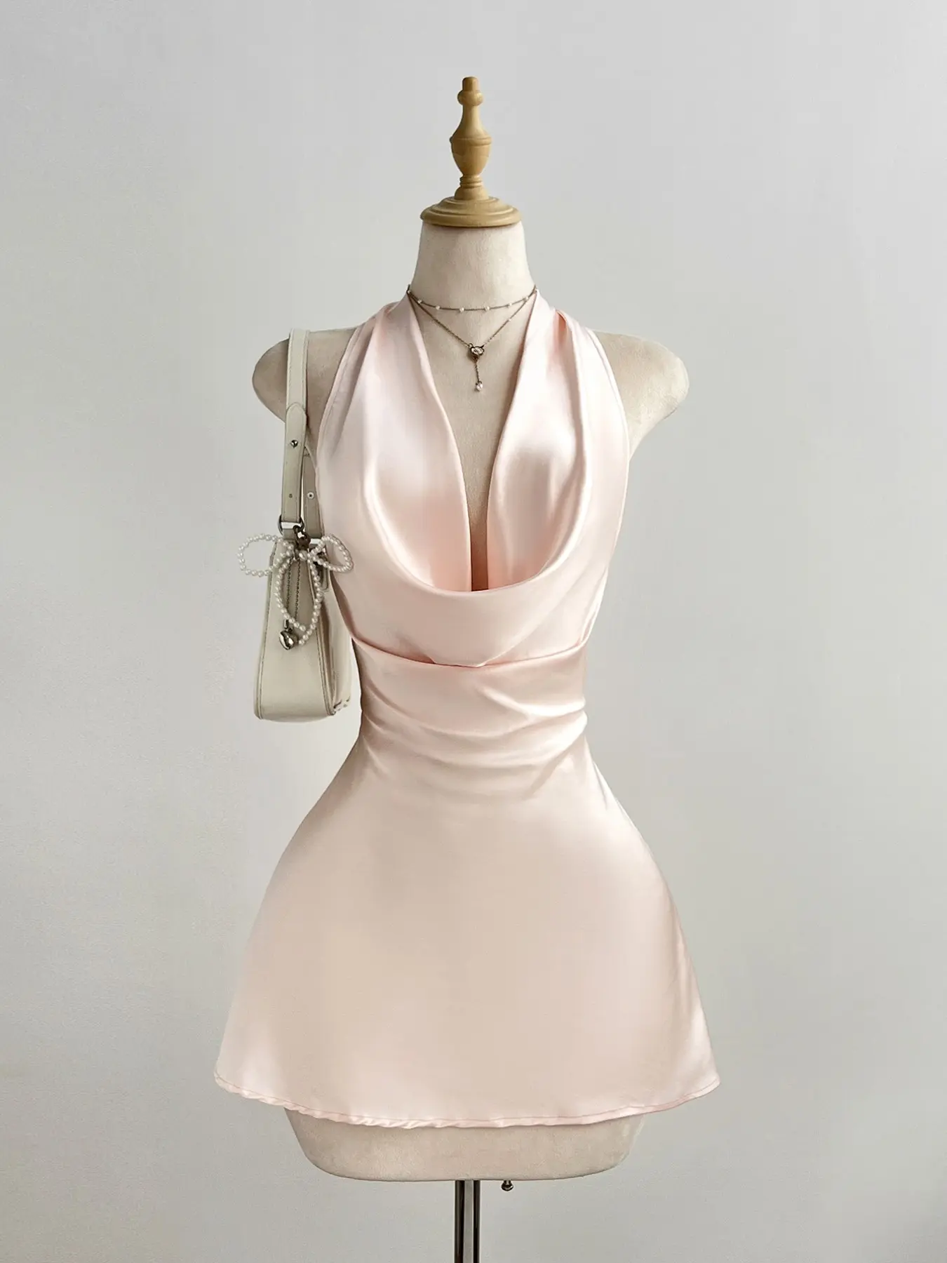 Elegant Summer Dress, Pure Color Tie-Back Halter Neck Backless Satin Mini Dress, Women's Stylish Clothing for Warm Weather