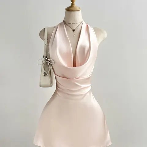 Elegant Summer Dress, Pure Color Tie-Back Halter Neck Backless Satin Mini Dress, Backless Tied Dress, Women's Stylish Clothing for Warm Weather