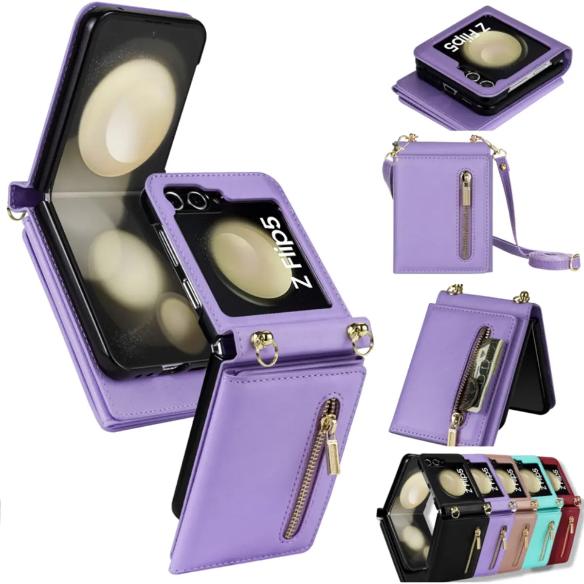 Crossbody Lanyard Leather Wallet Case for Samsung Galaxy Z Flip 7 FE 6 5 4 3 5G Flip6 Flip7 Metal Zipper Card Holder Phone Cover