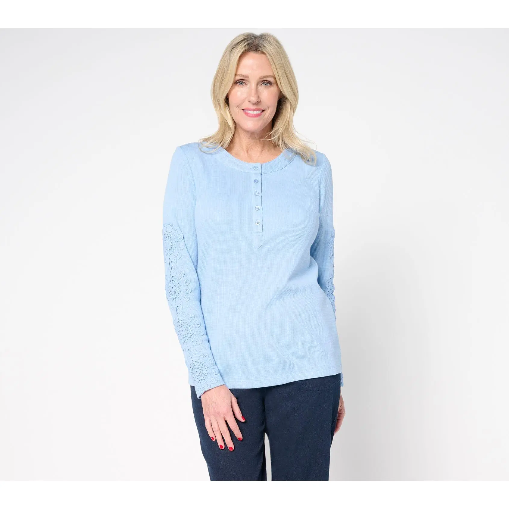 Denim & Co. Waffle Knit Button Henley Crochet Sleeve Top