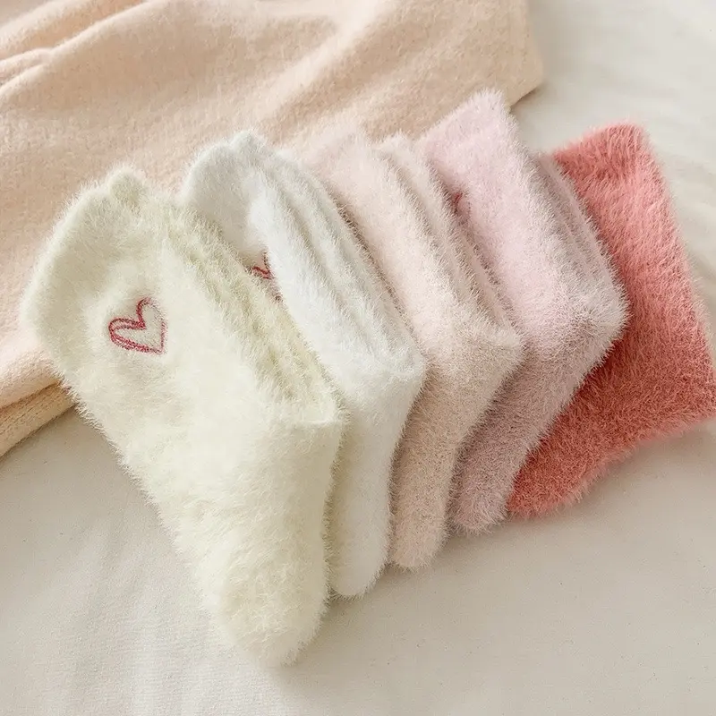 Women's 5-Pair Heart Motif Embroidery Ankle Socks - Cute, Warm, Soft, Fuzzy, Stretchy, Comfortable Winter Everyday Wear Stockings with Perfect Fit
