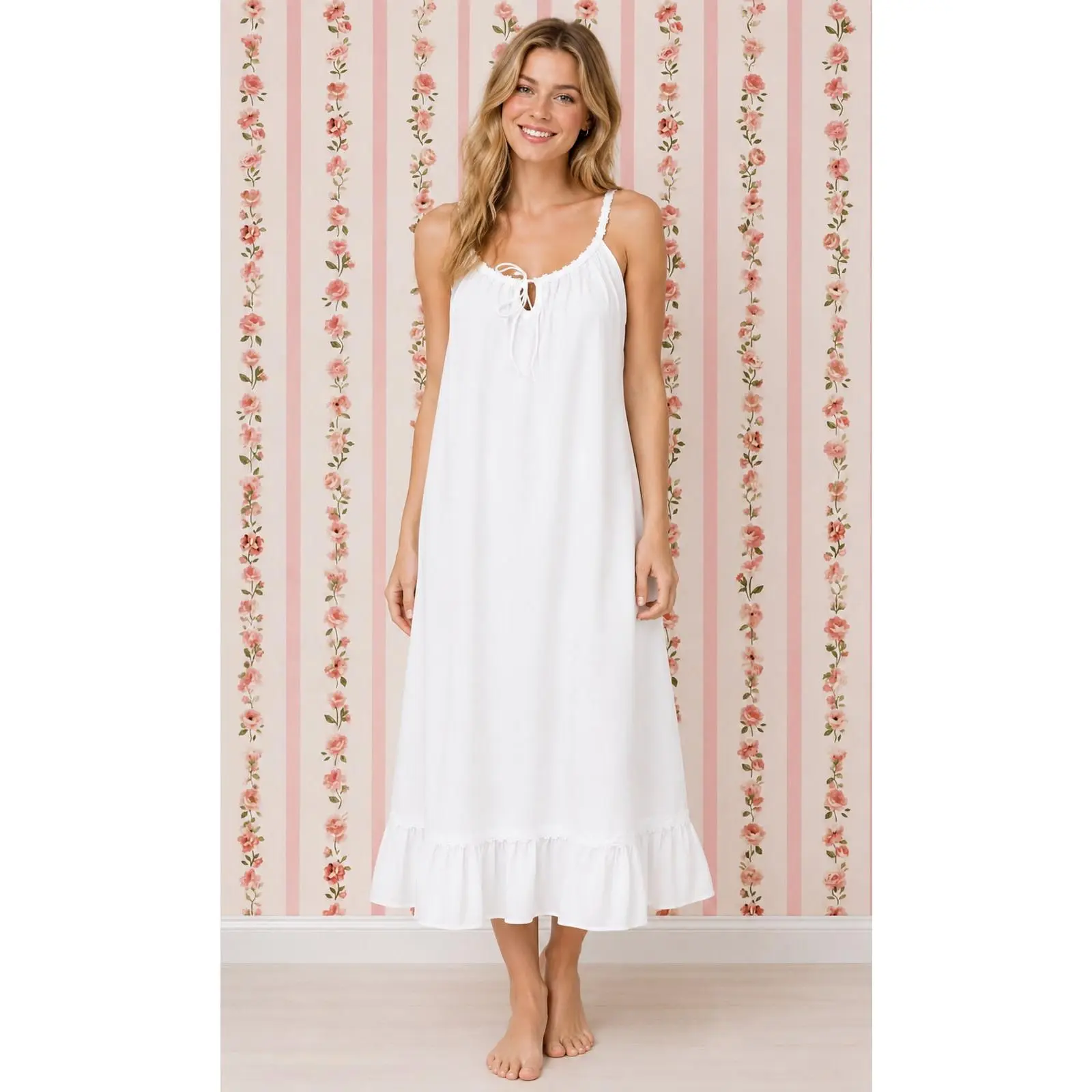 Victorian 100% Cotton Nightgown with Drawstring Neckline | Ruffle Hem | SoieRose SR1170