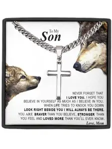 To My Son Cuban Chain Cross Pendant Necklace Cross Charm Necklace Gift Box Included Card Son Birthday Christmas Gifts form Mom Jewelry Gifts