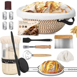 Sourdough Starter Kit, Banneton Bread Proofing Basket 10 Inch Round, Sourdough Bread Baking Supplies with Starter Jar, Bread Sling, Lame, Danish Dough Whisk – Complete Sourdough Kit Gifts for Home Bakers