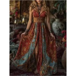 2026 New Autumn Court Print High Slit Maxi Dress, Bohemian Spaghetti Strap Ethnic Style Elegant Long Gown